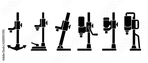 Drill Press Stand Icons Set, Industrial Workshop Equipment for Precision Drilling and Boring, Heavy Duty Metal Machinery Silhouettes for Construction Engineering, Manufacturing Hardware Vector Symbols