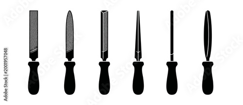Metal file tool set collection, workshop equipment silhouettes for wood and metalworking, construction hand tools icon collection isolated on white background, professional rasp kit for shaping materi
