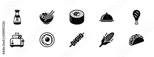 Minimalist food icon set, black and white restaurant vector symbols, collection of 10 culinary line art graphics for menus and apps