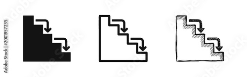 Downward Stairs with Directional Arrows Icon Set - Movement and Path Concept