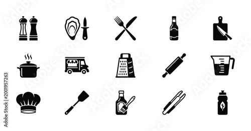 Minimalist kitchen icons set, 15 black solid cooking symbols, restaurant equipment and culinary tools vector collection for menu design