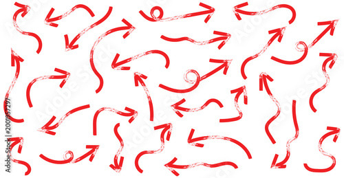 Set of red hand drawn grunge doodle spiral and curved charcoal, chalk arrows on white background. Collection of hand drawn doodle thick arrows in different directions.