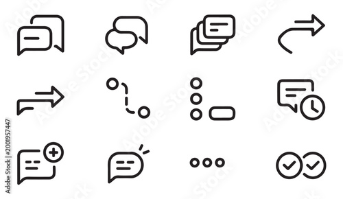 Multiple chat bubble outline icons representing conversation threads and group messaging interaction.