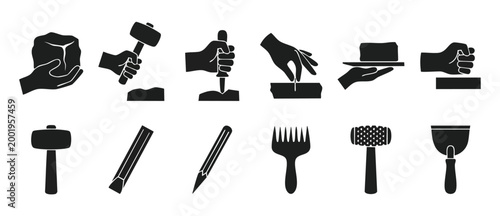 Stone Carving Tools Icon Set, Sculpture Making Equipment and Manual Crafting Process Silhouettes for Artistic Stonemasonry and Rock Art Projects, Sculpting Hands and Instrument Collection