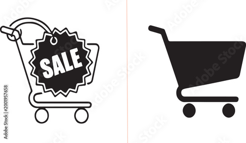 Shopping cart with sale tag and solid basket icon set for retail and ecommerce.