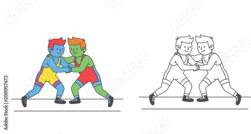 Colorful cartoon wrestlers grappling beside black and white line art outline version for coloring book