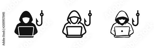 Fotografie Cyber Criminal Hacker with Phishing Hook Icon Set - Internet Security Concept