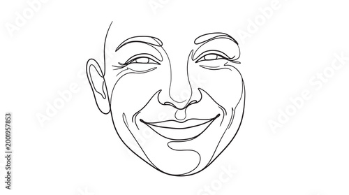 Minimalist Line Art Drawing of a Happy Person's Face with Eyes Closed, Expressing Joy and Contentment