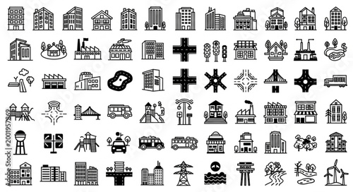 Collection of Various Building Icons and Symbols.