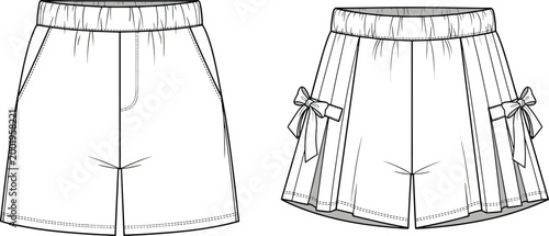 Fashion illustration of shorts, front and back technical drawing, elastic waistband, belt loops, button closure, side pockets, garment construction design