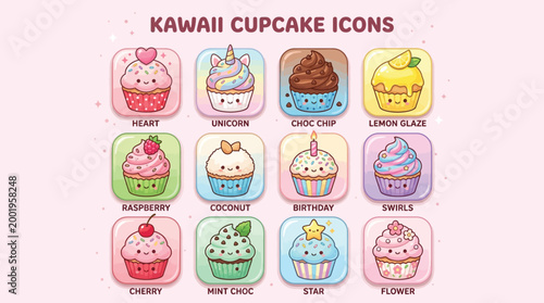 Collection of 12 adorable kawaii cupcake icons featuring various delightful flavors and charming designs, perfect for digital use.