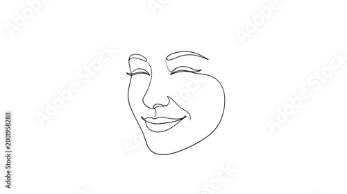A single line drawing of a smiling woman's face with closed eyes, conveying joy and contentment