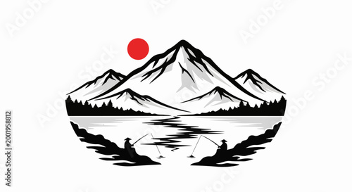 Two figures fishing by a mountain lake under a red sun