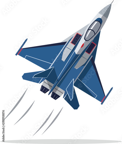 Jet fighter aircraft soars through the sky with a powerful engine thrust that leaves a visible trail behind the blue wings.