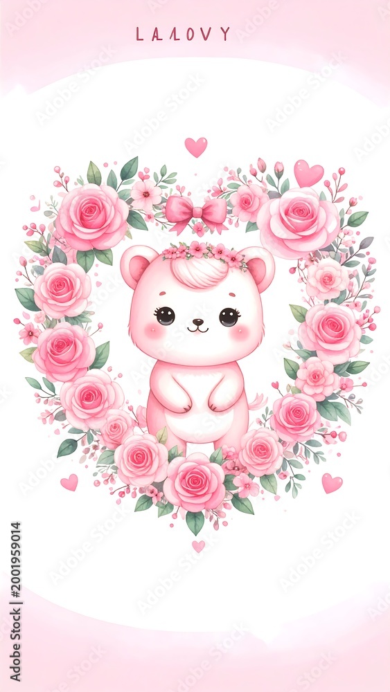 Naklejka premium Bear with Roses Heart.