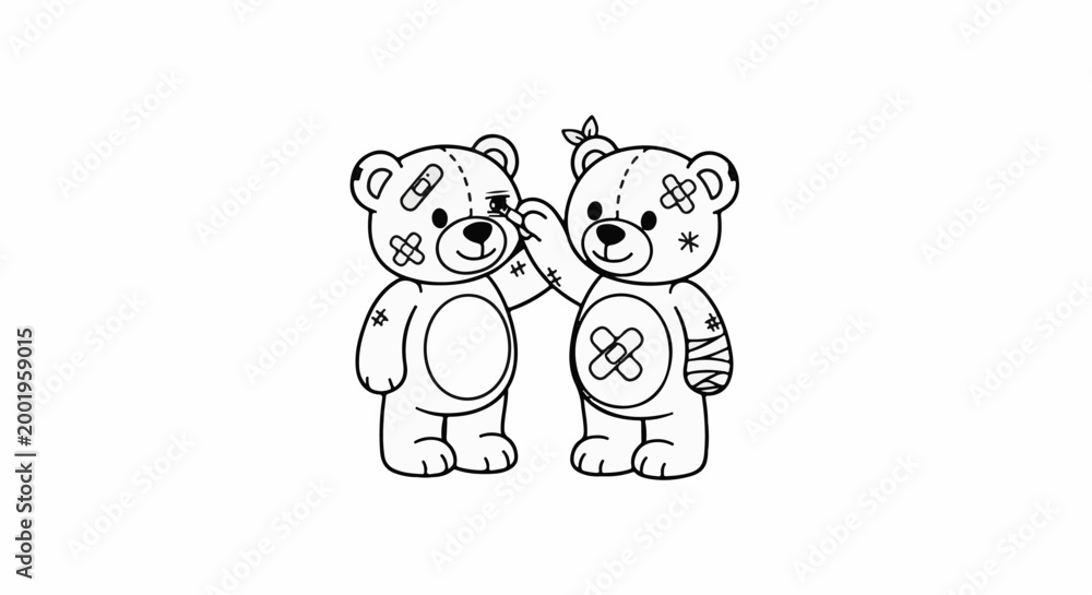 Obraz premium Two injured teddy bears are shown, one is applying a bandage to the other