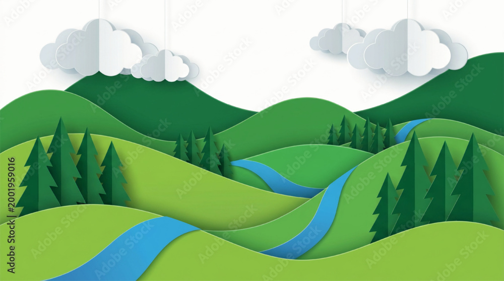 Obraz premium Paper craft style landscape with hills and forest