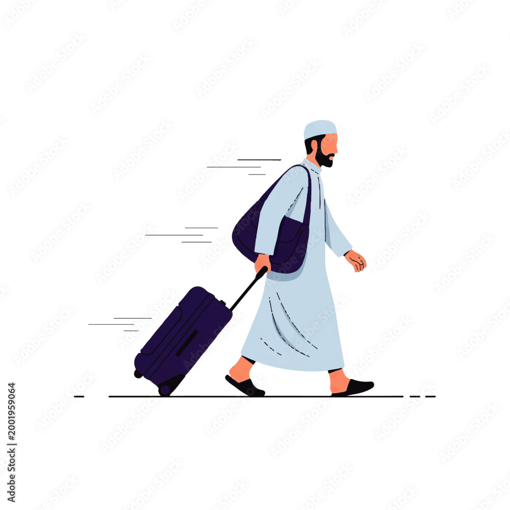 Fototapeta premium Vector flat design illustration of a Muslim man in traditional clothing walking with a suitcase and bag