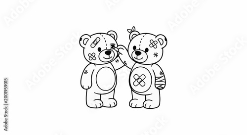 Two injured teddy bears are shown, one is applying a bandage to the other