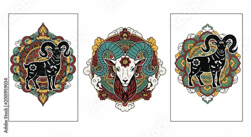 Ornate vector illustration features a ram and ram head adorned with detailed mandalas in vibrant colors.