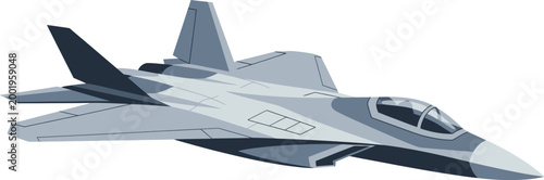 Stealth aircraft cruises through the sky in a clean and professional vector illustration style.
