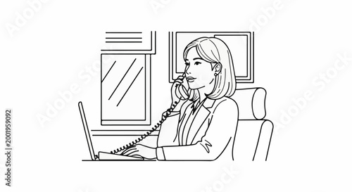 Woman in office using phone and laptop, professional setting