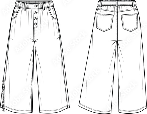 Wide leg cropped pants fashion illustration, front and back technical drawing, waistband belt loops, button fly closure, patch pockets, garment design