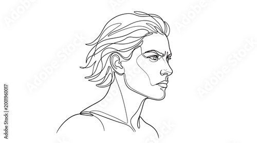 Continuous line drawing of a handsome man's profile, expressing a focused and determined gaze