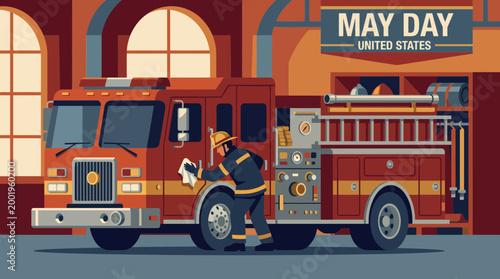 Firefighter Cleaning Fire Truck in Station Illustration for May Day