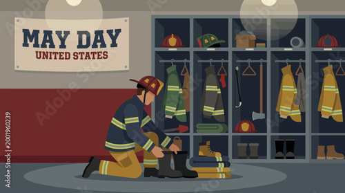 Firefighter preparing gear in locker room for May Day United States