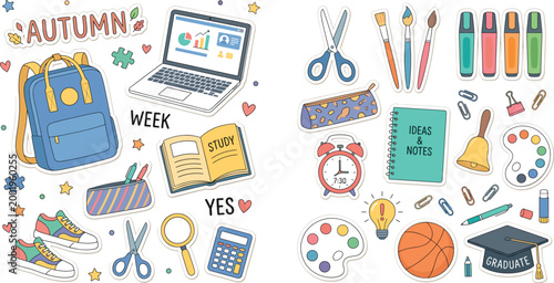 Back to School and Study Collection Featuring Laptop, Stationery, Backpack, and Study Materials for Websites, Apps, and Digital Media Designs