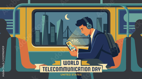 World Telecommunication Day Illustration with Man Using 5G on Train
