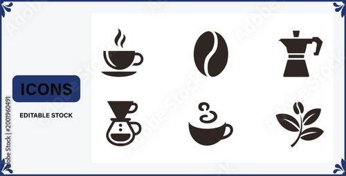 Collection of coffee icons including cup steam bean pot drip coffee maker and leaf on white background