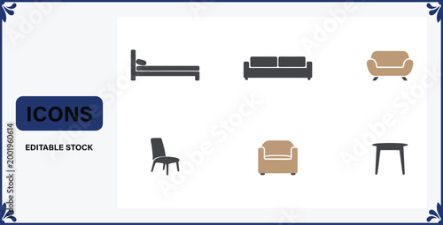 Collection of modern furniture icons including sofa chair table and bed for home decor and design  editable stock