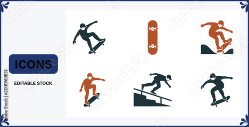 Collection of skateboarders performing tricks and skateboards in different poses and styles  editable stock icons