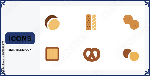 Collection of various baked goods icons including cookies and bread on white background