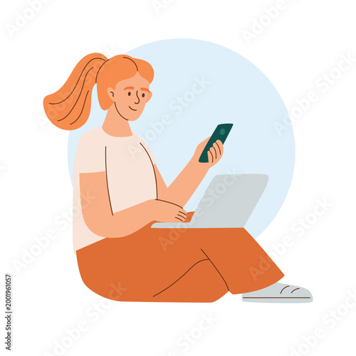 Young woman using smartphone and laptop while sitting, modern flat vector illustration of remote work, digital communication, and online lifestyle concept.