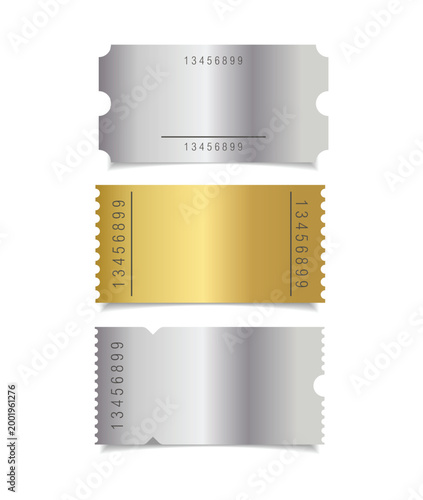 Vip Golden and Silver ticket mockup set. Luxury style and gold and silver colors template Tickets Set. For cinema, sale coupon, circus, theater, festival. Minimalist coupons. Isolated background