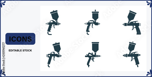 Six different paint sprayer gun icons in dark blue color on white background for design and editing purposes  editable stock