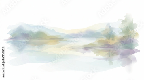 Abstract watercolor landscape of a calm lake