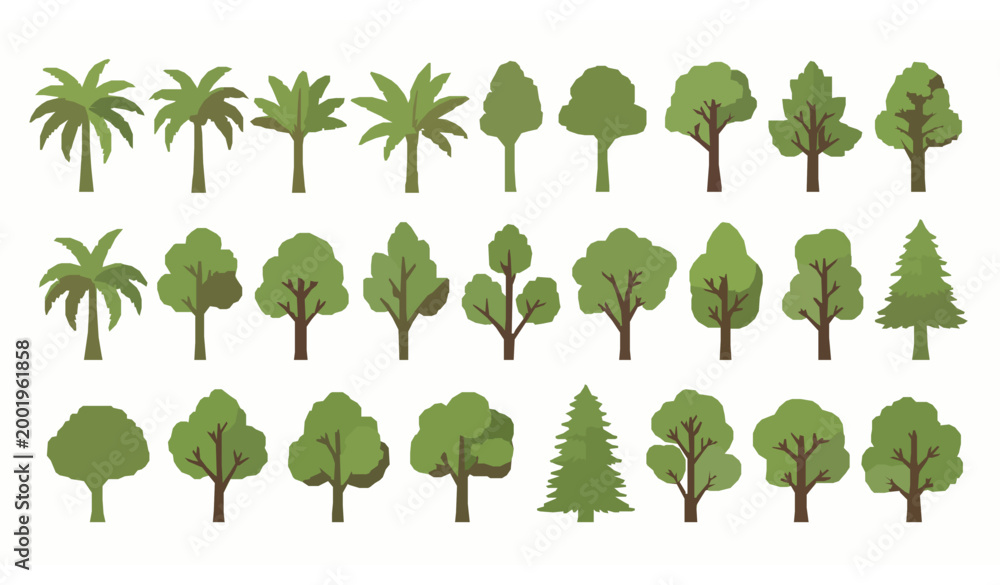 Fototapeta premium Flat Tree Icon Set Vector Tropical and Forest Trees Collection Isolated on White Background