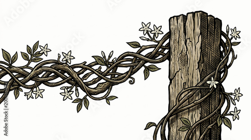 Vintage style illustration of jasmine vines on a wooden fence