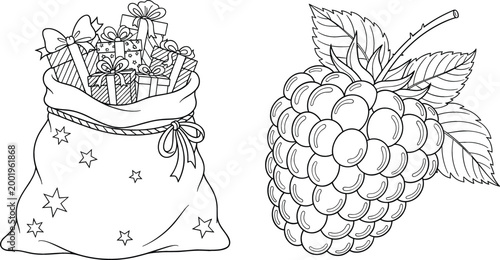 Black and white outline illustration of gift sack with presents and raspberry fruit, detailed coloring page design for kids, holiday themes, and creative activities