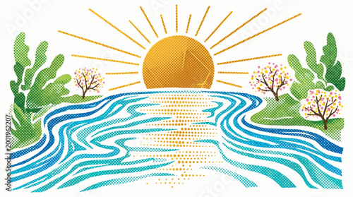 Retro halftone style landscape with sunrise over a river