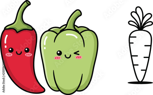 Cute cartoon chili pepper, bell pepper, and radish vegetable characters with smiling faces, playful healthy food illustrations for kids design, stickers, and nutrition themes