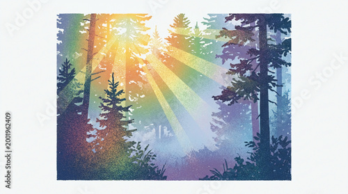 Sunlight rays streaming through forest trees