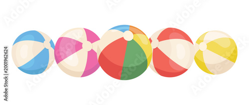 A group of multicolored beach balls isolated on a white background. Composition of inflatable balls for pool games and leisure activities. Children's toy. Vector illustration.