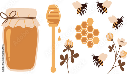 Natural organic honey jar with wooden dipper and flying bees near honeycomb and wild clover flowers flat design vector illustration