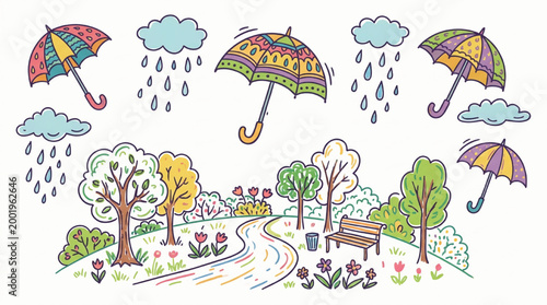 Doodle illustration of a rainy park scene with umbrellas