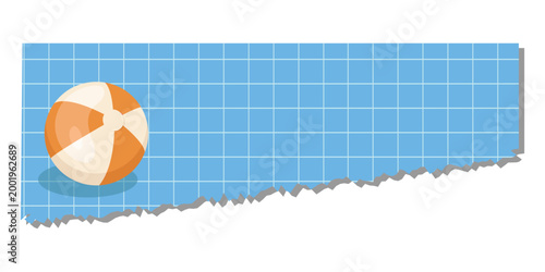 Inflatable beach ball on blue grid torn paper. Minimalist summer banner template. Vector illustration for diaries, planners, checklists, notepads, cards, and social media.